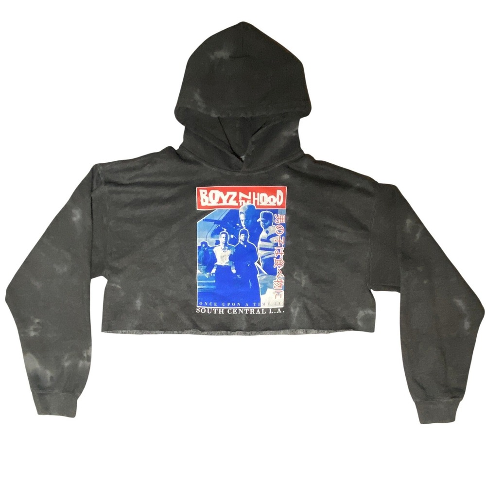 Boyz N The Hood Graphic Cropped Hoodie Black Acid Wash South Central LA Size M